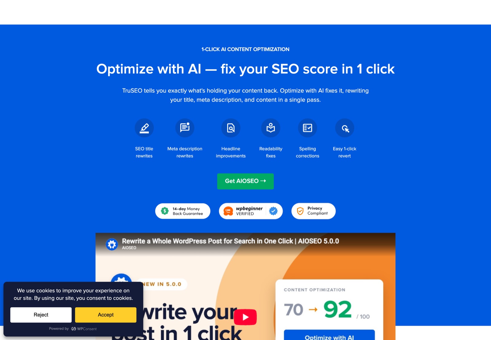 AIOSEO AI features, aioseo.com/features/optimize-with-ai, captured 16 August 2026
