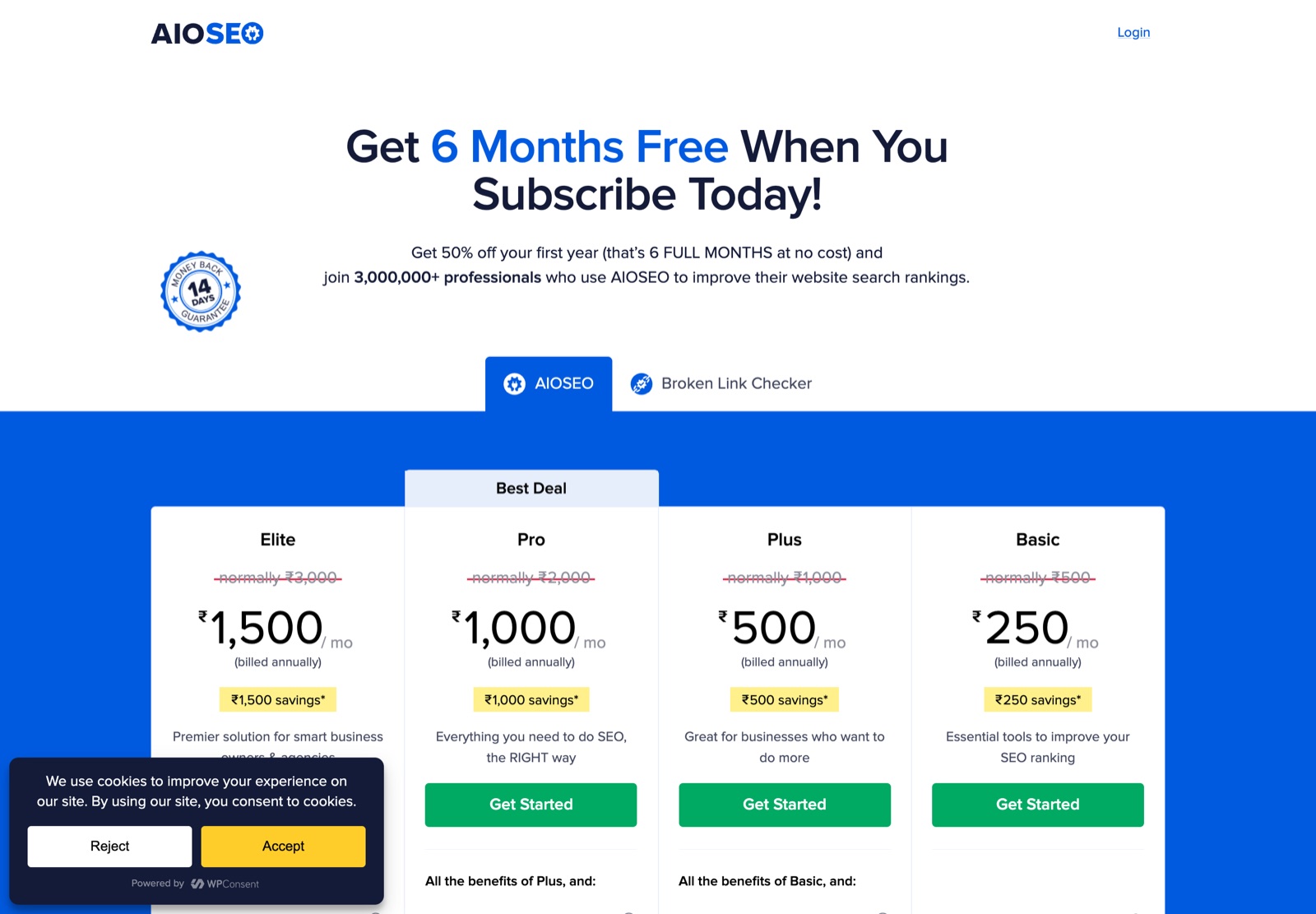 AIOSEO pricing, aioseo.com/pricing, captured 16 August 2026