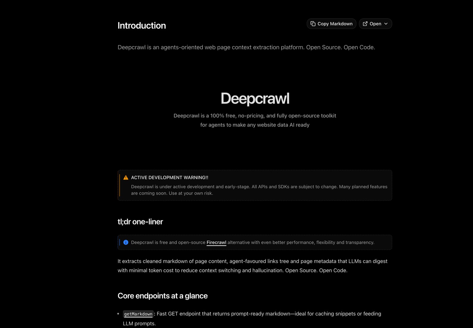 Deepcrawl, deepcrawl.dev/docs, captured 16 August 2026