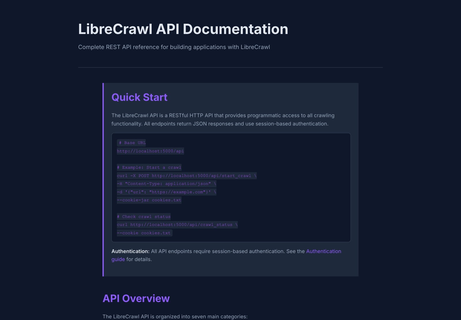 LibreCrawl, librecrawl.com/api/docs, captured 16 August 2026