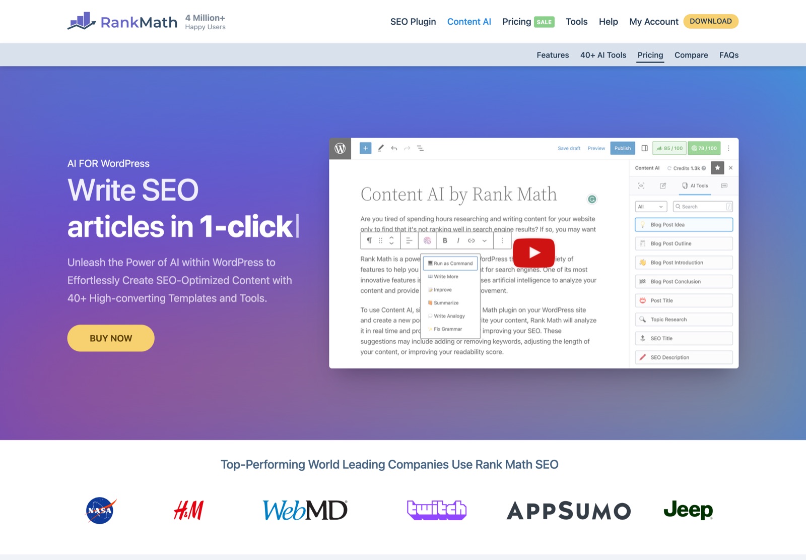 Rank Math AI features, rankmath.com/content-ai, captured 16 August 2026