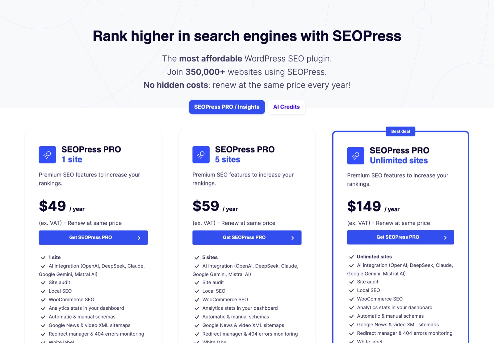 SEOPress pricing, seopress.org/pricing, captured 16 August 2026