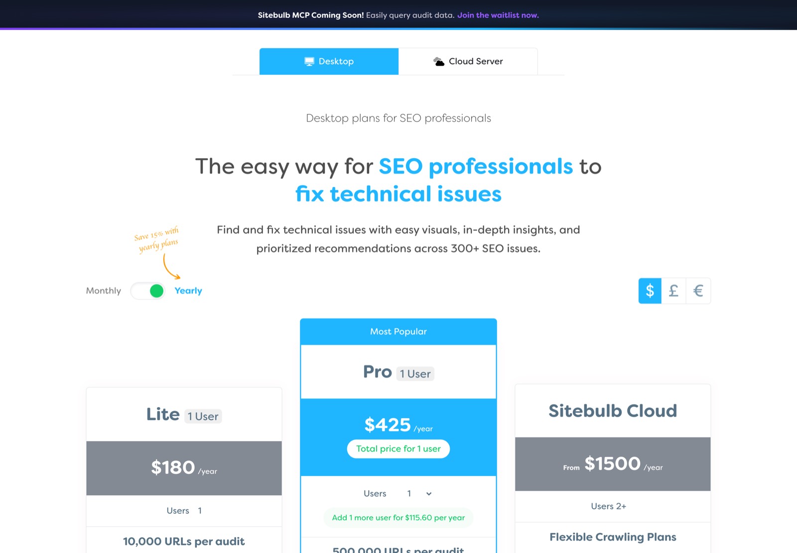 Sitebulb, sitebulb.com/subscriptions/pricing, captured 16 August 2026